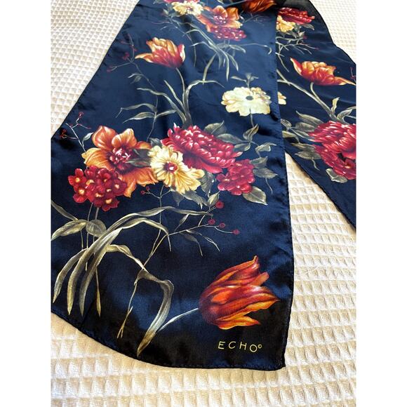 ECHO Black W/ Orange & Red Floral Print Silk Cottage Core Style Long Scarf - Picture 4 of 8